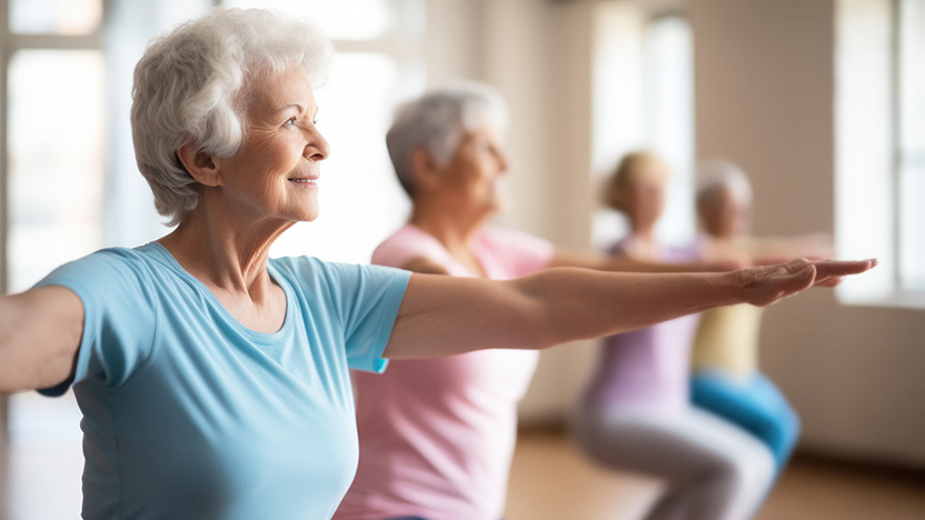 A group of older women in exercise clothes stand in a row with arms extended, participating in a fitness or yoga class in a bright, spacious room.