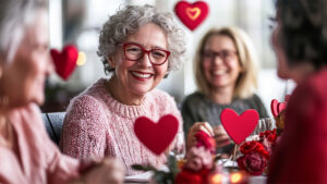 Older women smiling and chatting at a table decorated with red heart cutouts and flowers, creating a warm and festive atmosphere. The focus is on one woman with gray curly hair and red glasses.