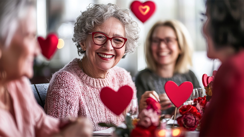 Older women smiling and chatting at a table decorated with red heart cutouts and flowers, creating a warm and festive atmosphere. The focus is on one woman with gray curly hair and red glasses.