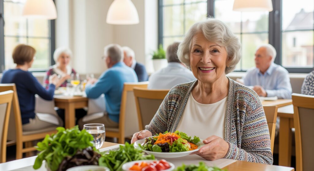 A smiling elderly woman sits at a restaurant table holding a plate of salad, radiating love for seniors, with others dining and conversing in the bright, welcoming setting filled with natural light from large windows.