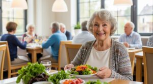 A smiling elderly woman sits at a restaurant table holding a plate of salad, radiating love for seniors, with others dining and conversing in the bright, welcoming setting filled with natural light from large windows.