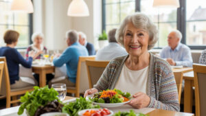 An older woman with gray hair smiles while holding a plate of salad in a bright, modern dining room. Other seniors are seated at tables in the background, enjoying meals and conversation that promote senior heart health.
