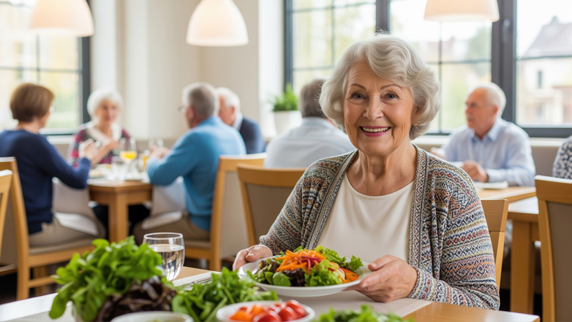 An older woman with gray hair smiles while holding a plate of salad in a bright, modern dining room. Other seniors are seated at tables in the background, enjoying meals and conversation that promote senior heart health.