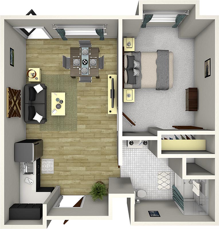 3D floor plan of a one-bedroom apartment with a living/dining area, kitchen, bathroom, and bedroom. The living area has a sofa and dining table, the bedroom has a bed, and the bathroom includes a shower and toilet.