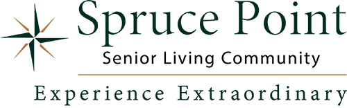 Logo for Spruce Point Senior Living Community featuring a green compass rose on the left and the tagline "Experience Extraordinary" below the main text.