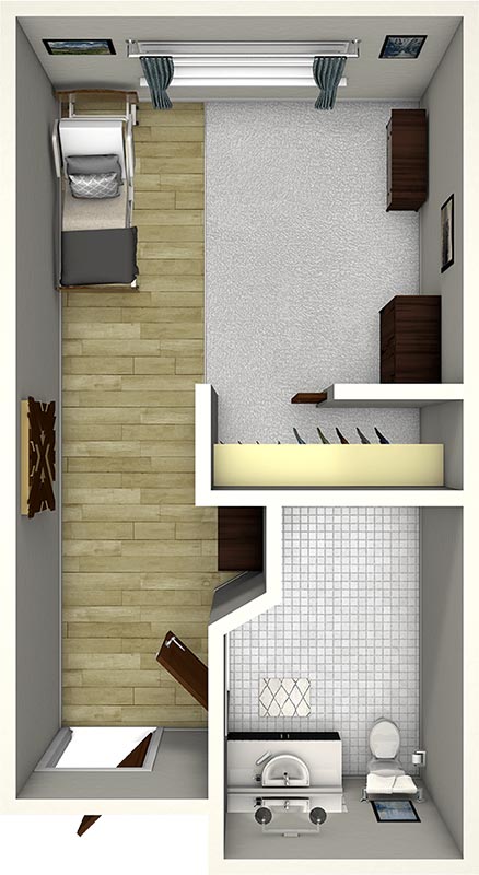 A narrow, rectangular room layout showing a bedroom with a bed, desk, and dresser on wood flooring, and a separate bathroom with a sink, toilet, and bathtub on tiled flooring.