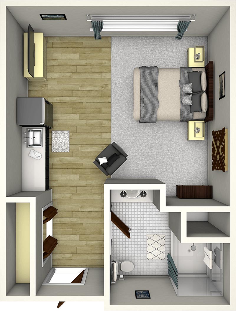 A top-down view of a compact studio apartment layout showing a bed, two nightstands, a chair, a kitchenette with appliances, a bathroom with a shower, toilet, and sink, and wood and tile flooring throughout.