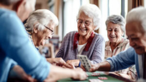 A group of elderly women sit around a table, smiling and playing cards together in a bright, cheerful room. Their laughter and camaraderie reflect the joys of friendship and the benefits of functional fitness for seniors.