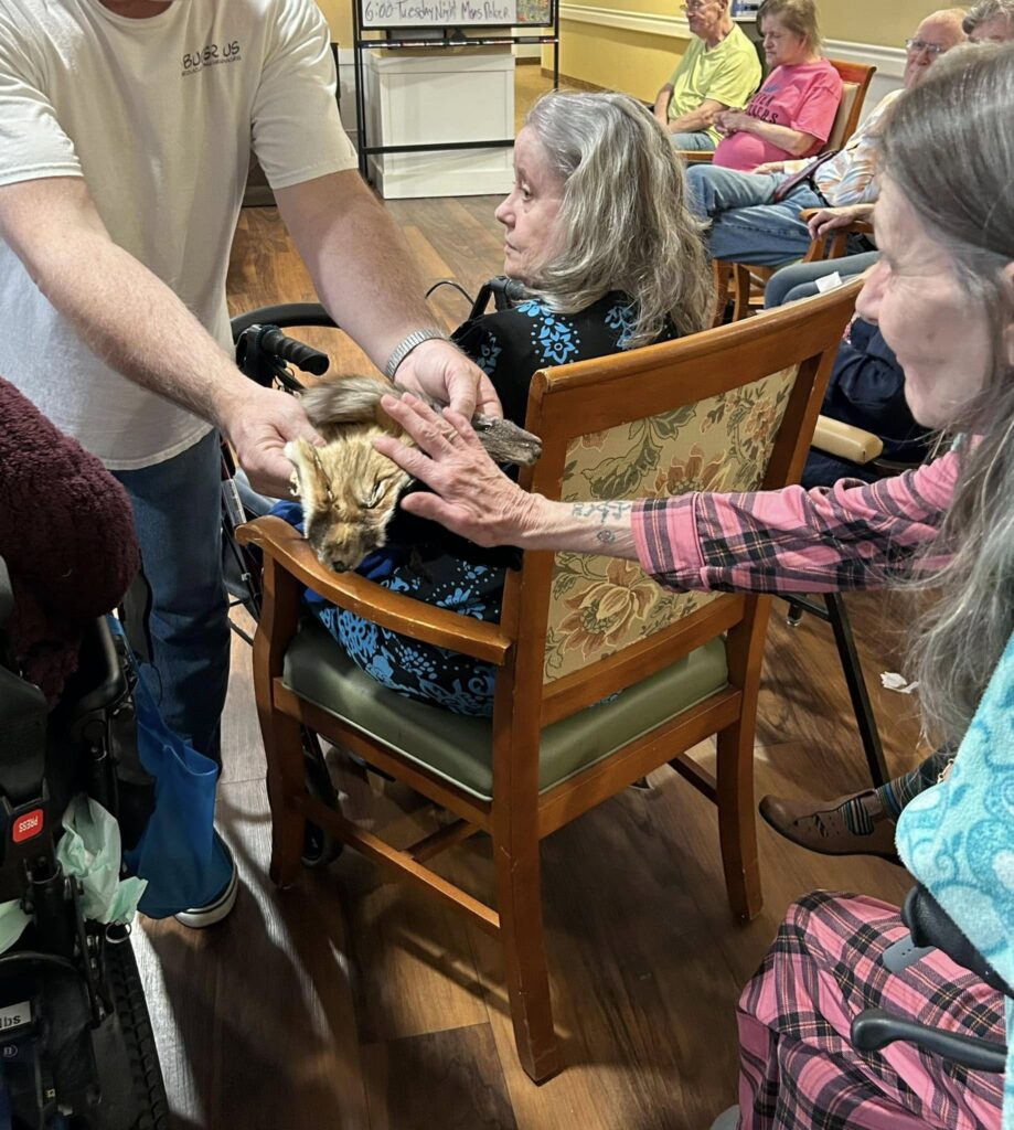 Several elderly women seated in a room reach out to gently pet a brown animal, assisted by a man. Other seniors watch in the background, suggesting a group activity, animal therapy session, or senior learning experience.