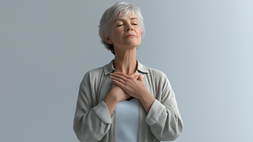 An elderly woman with short gray hair stands against a plain background, closing her eyes and resting both hands on her chest, embodying the calm and peaceful spirit often found in senior living.