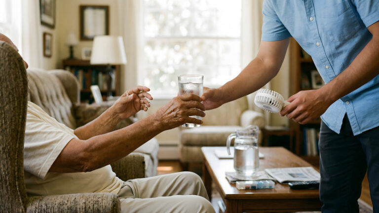A person hands a glass of water to an older adult sitting on a couch, while also holding a small fan. Highlighting the importance of hydration for seniors, the scene takes place in a cozy, sunlit living room.