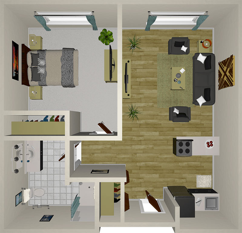 Top-down view of a one-bedroom apartment floor plan with a living room, kitchen, bathroom, and bedroom. Furniture includes a sofa, beds, TV, dining table, plants, and a desk. Light wood and neutral tones are used throughout.