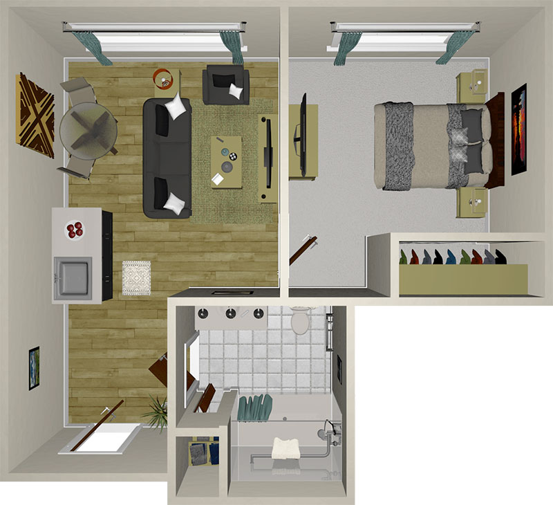 Top-down view of a one-bedroom apartment with a living room, kitchen, bathroom, bedroom, closet, and two windows in each main room. Furniture and decor include a couch, TV, dining table, and bed.