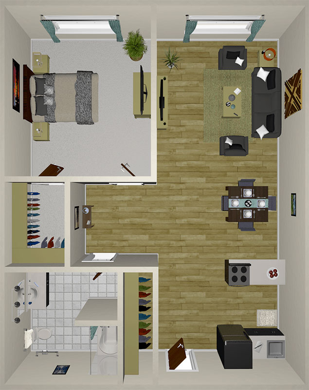 A top-down view of a small apartment layout with a bedroom, living area, kitchen, dining table, closet, and bathroom, enhanced with modern furniture and green and brown tones.