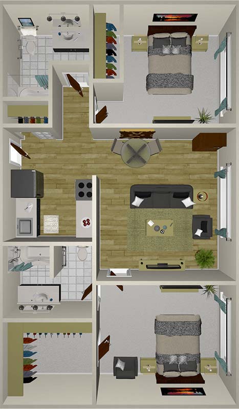 A top-down view of a two-bedroom apartment layout featuring a kitchen, living room, two bathrooms, closets, and two bedrooms with beds and desks. The floors are a mix of wood and carpet.