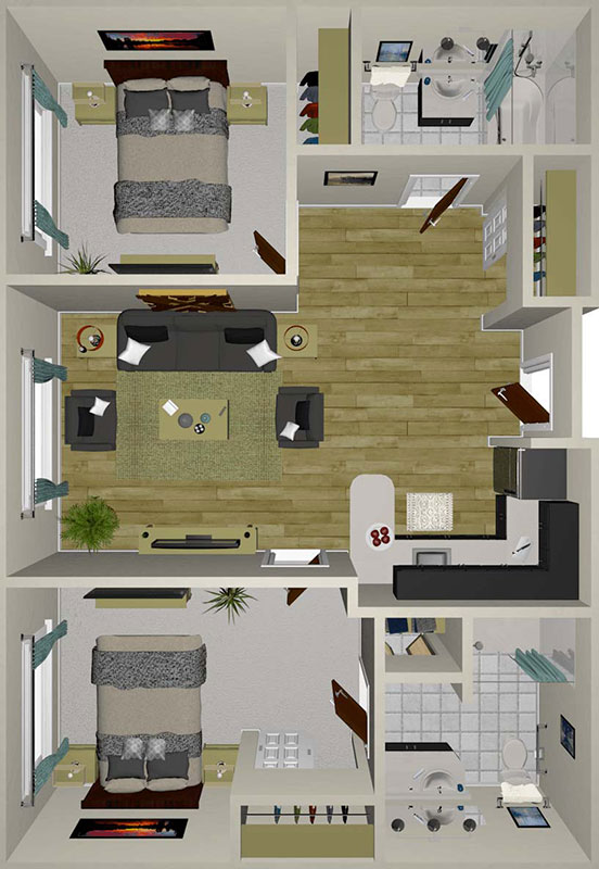 Top-down view of a two-bedroom apartment layout featuring a living room, kitchen, two bathrooms, and two bedrooms with double beds. The living and dining area is centrally located with modern furnishings.