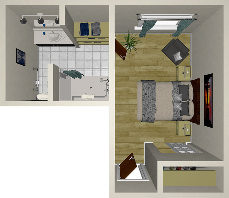 Top-down view of a bedroom with a double bed, nightstands, armchair, plants, and a dresser, connected to a bathroom with a shower, sink, toilet, and shelves.