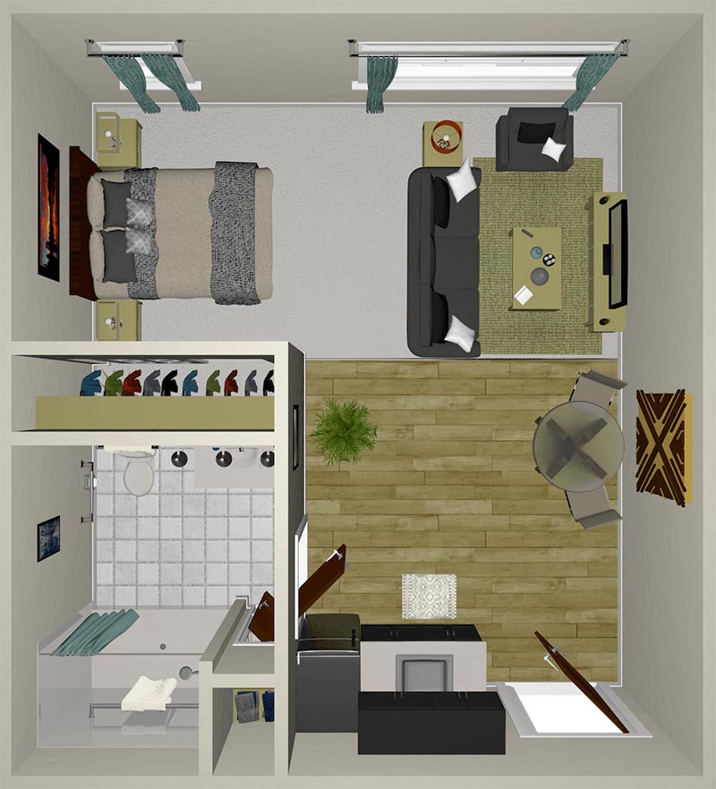 A top-down view of a small apartment layout featuring a bedroom, living area with sofa and TV, dining table, kitchen, bathroom, and closet, all furnished with rugs, tables, and decor.