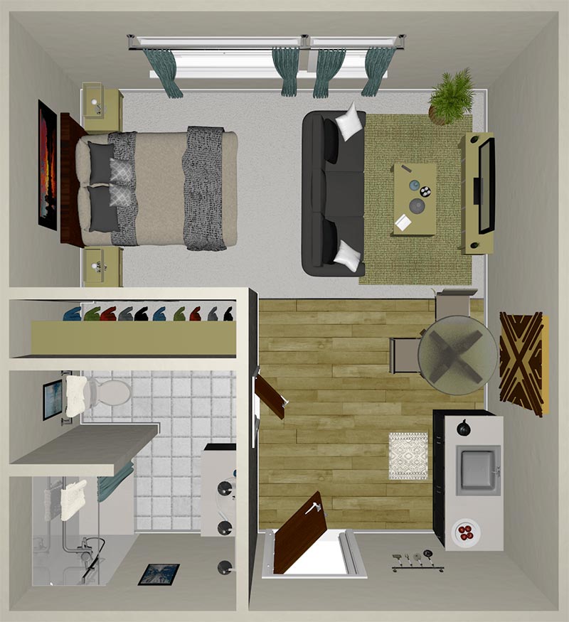 Top-down view of a small studio apartment with a bed, closet, living area, TV, kitchen, dining table, and bathroom, all arranged compactly in one space.
