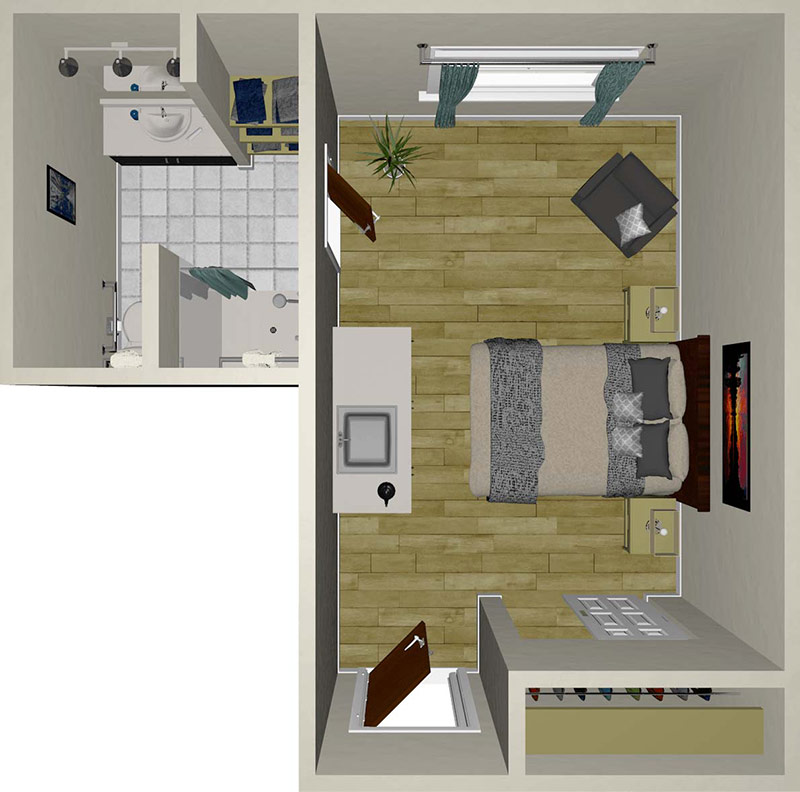 Top-down view of a bedroom with a double bed, two nightstands, a desk, a chair, a window with curtains, and an en-suite bathroom with a shower, sink, toilet, and storage shelves.