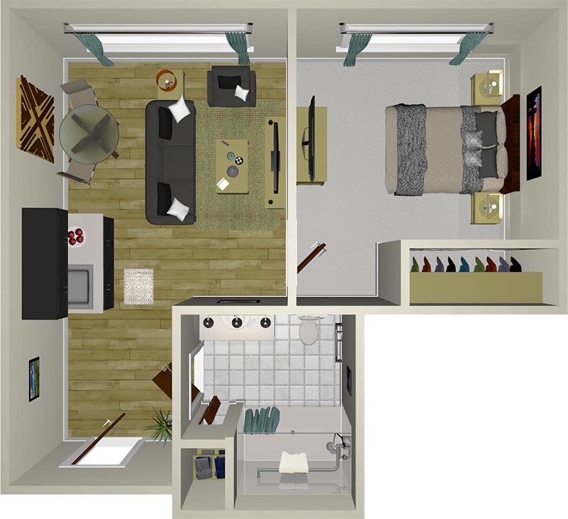 A 3D floor plan of a one-bedroom apartment showing a living room, bedroom, kitchen, and bathroom, with furniture and decor arranged neatly in each room.