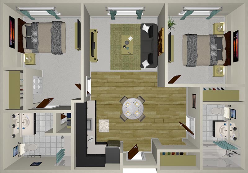Top-down view of a two-bedroom apartment layout with two bathrooms, a central living room, kitchen, and dining area; bedrooms have beds and windows, living room has a sofa and TV, wooden and tile flooring.
