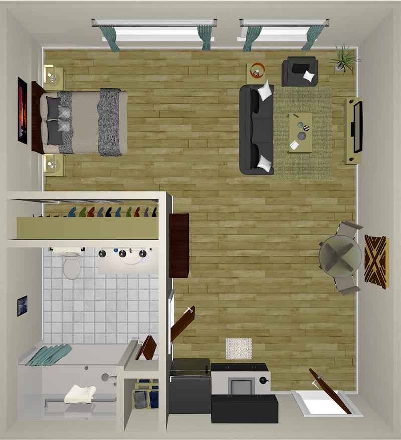 Top-down view of a studio apartment with a bed, living area with couch and TV, dining table, kitchen, bathroom, and closet. Light wood floors and modern decor.
