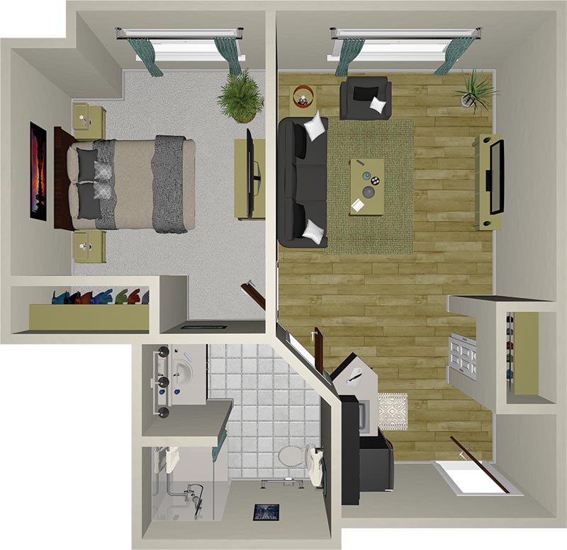 A 3D floor plan showing a bedroom, bathroom, and living room with furniture, TV, sofa, bed, and windows; light wood and tile floors, and houseplants in the living and bedroom areas.