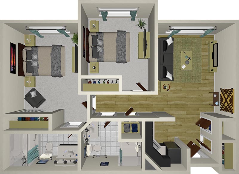 3D floor plan showing two bedrooms, a living room, a kitchen, and a bathroom. The layout includes furniture like beds, sofas, tables, and shelves, with wood and tile flooring in respective areas.