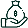 Simple line drawing of a hand holding a money bag with a dollar sign on it, symbolizing financial support, funding, or investment.