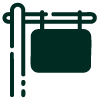 Simple icon of a rectangular hanging sign attached to a post with two horizontal bars. The design is minimalist and uses dark green lines on a white background.