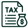 Icon of a document labeled “TAX” beside a money bag with a dollar sign, representing taxes or financial matters.
