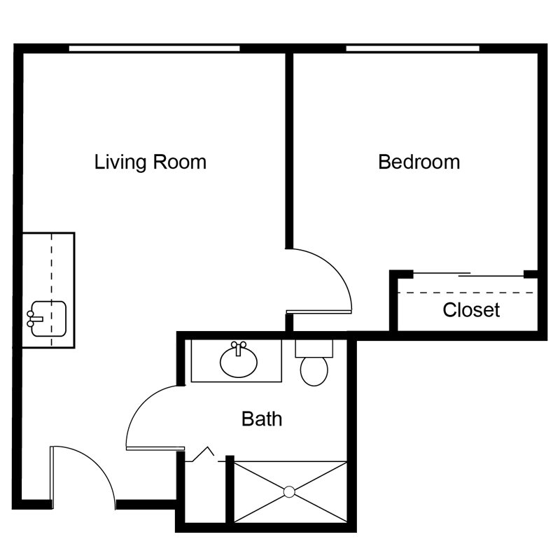 Black and white floor plan shows a living room, bedroom with closet, and a bathroom with a sink, toilet, shower, and two doors. The living room connects to the bathroom and bedroom.