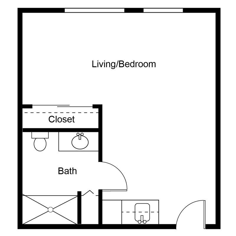 Floor plan of a studio apartment with a combined living/bedroom area, a bathroom with shower and toilet, a closet, and a small entry area with a sink near the entrance.