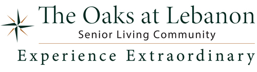 Logo for The Oaks at Lebanon Senior Living Community with a compass rose symbol and the slogan “Experience Extraordinary.”.