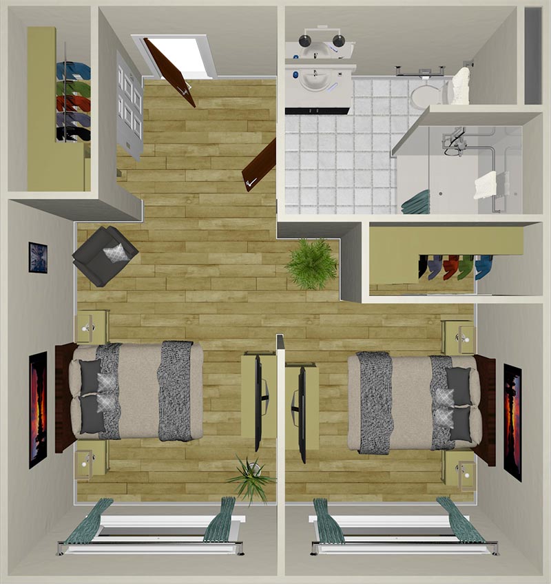 Top-down view of a two-bedroom apartment layout with shared bathroom, closets, beds, desks, wardrobes, and windows in each bedroom, plus hardwood and tile flooring.
