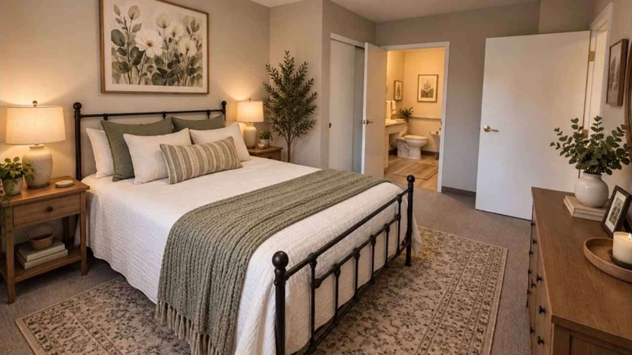 Cozy bedroom with a neatly made bed, green throw and pillows, wooden furniture, potted plants, soft lighting, artwork above the bed, and an open door revealing a bathroom.