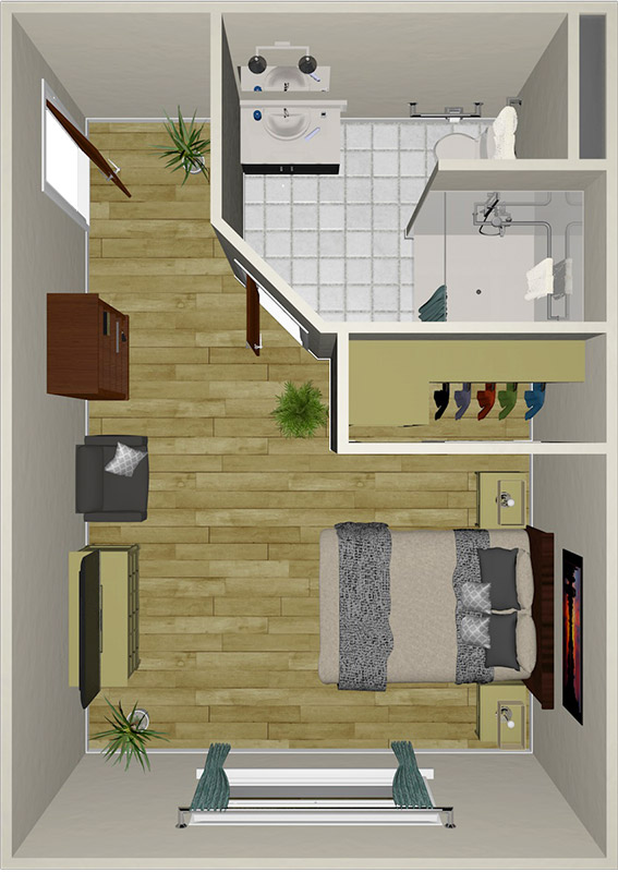 A top-down view of a small bedroom with a double bed, TV, dresser, nightstands, closet with hanging clothes, plants, and an attached bathroom with a shower, toilet, and sink.